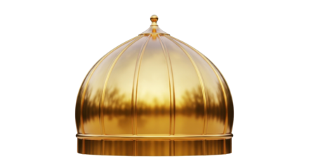 A shiny golden dome with a decorative finial, featuring a reflection of palm trees, isolated on a white background.