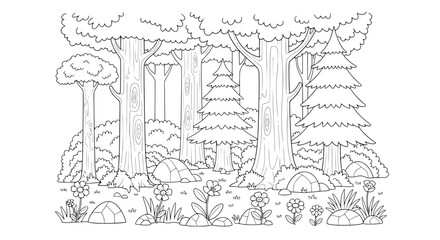 Fototapeta premium Forest scene with trees tents and flowers with transparent background