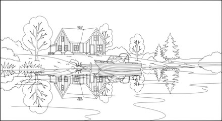 Obraz premium Landscape with house trees and boat with transparent background