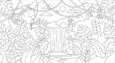 Obraz premium Tropical jungle with waterfall and plants with transparent background