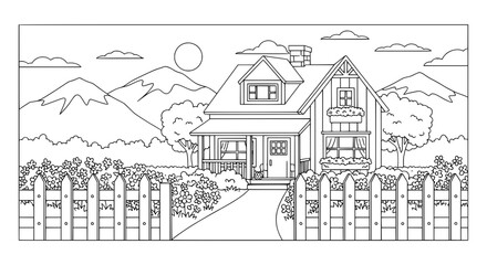 Fototapeta premium Line art of a house with trees and mountains with transparent background