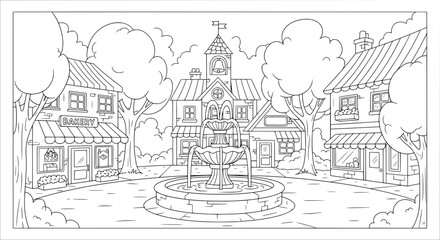 Obraz premium Town square with fountain and buildings with transparent background