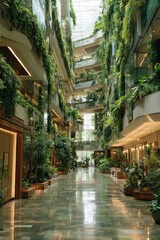 Lush indoor shopping center,  vertical gardens