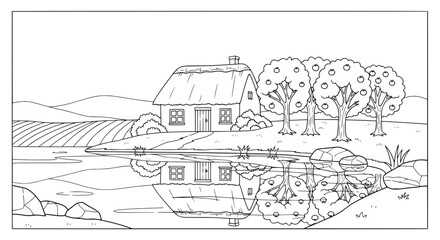Fototapeta premium Scenic countryside landscape with house and trees with transparent background