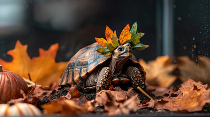 Obraz premium Autumn tortoise leaf crown fall leaves pumpkin terrarium close up brown shell textured skin cozy mood soft light celebrating gratitude