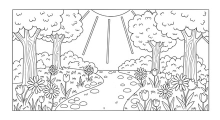 Scenic landscape with trees flowers and sunlight with transparent background