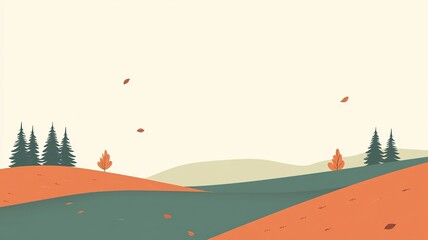 Flat Design Fall Background, Simple Scandinavian Landscape with Empty Sky Area, Sage Green Terracotta Color Scheme for Presentation Design