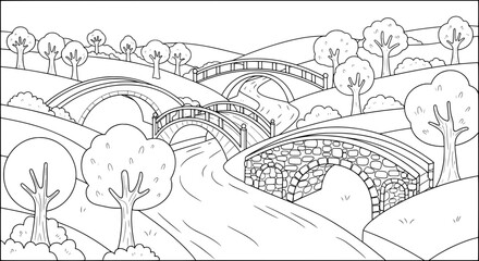 Scenic landscape with multiple arched bridges and trees with transparent background
