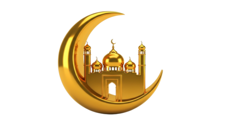 A golden mosque with domes and minarets nestled inside a large, shiny crescent moon against a white background.