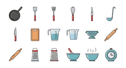 Illustration of various kitchen utensils including cookware and baking equipment on a white background