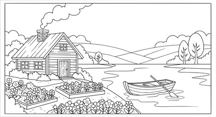 Obraz premium Line art of a lakeside cabin with trees and boat