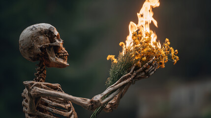 Macabre Beauty Skeleton Embraces Burning Bouquet A Dance of Life and Death in Floral Flames