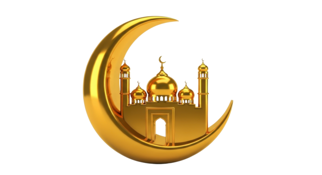 A golden mosque with domes and minarets nestled inside a large, shiny crescent moon against a white background.