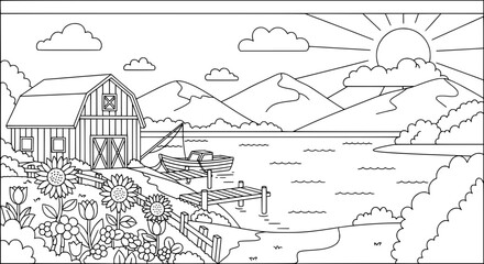 Obraz premium Scenic mountain landscape with lake and barn with transparent background