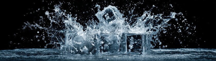 Obraz premium A dynamic splash of water surrounds ice cubes, creating an eye-catching visual on a dark background.