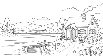 Obraz premium Mountain landscape with house and boat with transparent background