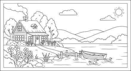 Obraz premium Landscape with house, trees, lake, and mountains with transparent background