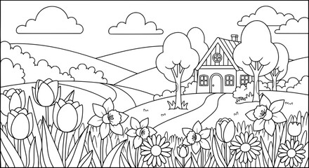 Black and white landscape with trees and house with transparent background