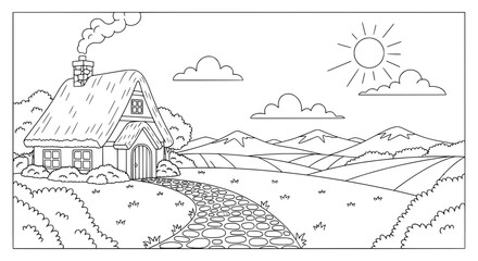 Fototapeta premium Scenic mountain landscape with cottage and pathway with transparent background