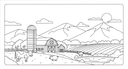 Farm landscape with mountains and animals with transparent background