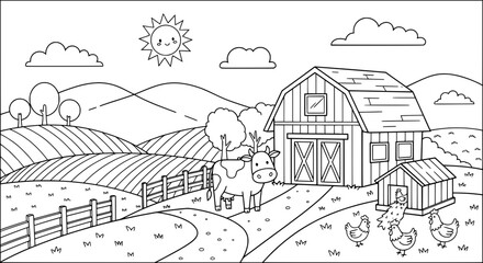 Obraz premium Farm scene with barn cows chickens and landscape with transparent background