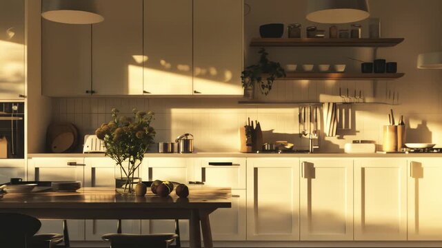 Kitchen interior bathed in warm sunlight showcasing a wooden table with fruit and cabinets