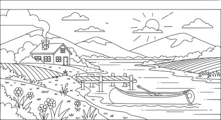 Obraz premium Landscape with mountains, lake, house and boat with transparent background