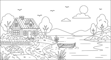 Obraz premium Rural landscape with house trees and river with transparent background