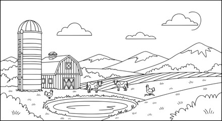 Obraz premium Farmyard scene with barn animals and mountains with transparent background