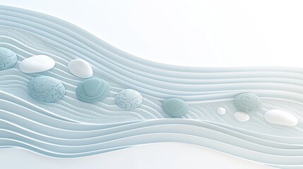 The white background, featuring waves and a small pile of smooth pebbles, creates an elegant display for wellness or spa promotional content, suitable for wellness-focused events in digital media.