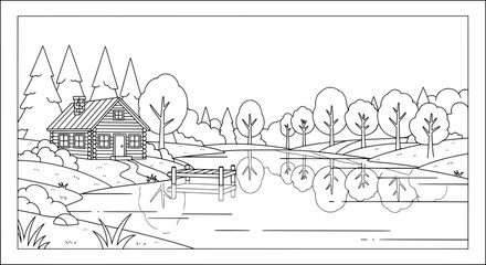 Fototapeta premium Landscape of a cabin with trees and pond with transparent background