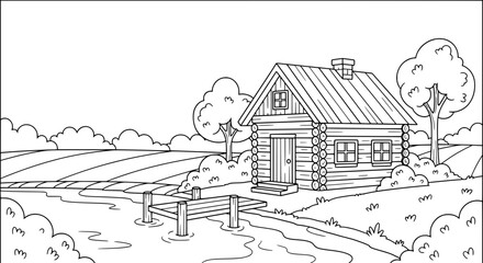 Log cabin with trees and landscape in black line art