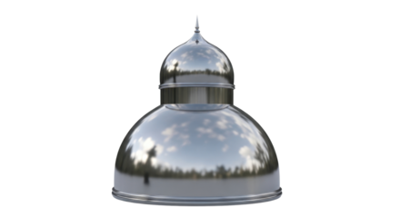 A shiny, metallic dome with a pointed spire on top, reflecting the surrounding environment.