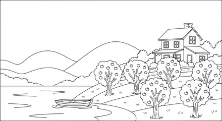 Fototapeta premium Line drawing of house with orchard and river with transparent background