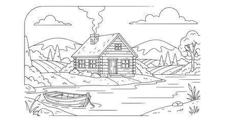 Obraz premium Log cabin on a lakeside with transparent background