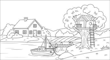 Obraz premium Landscape scene with houses and tree with transparent background