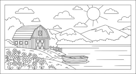 Obraz premium Mountain landscape with barn and boat on lake with transparent background
