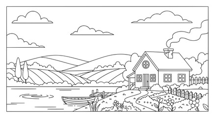 Countryside landscape with house and lake with transparent background