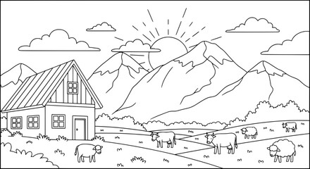 Fototapeta premium Mountain landscape with house and cows with transparent background