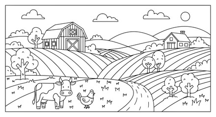 Obraz premium Farm landscape with barn trees and animals with transparent background