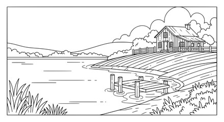 Fototapeta premium Rural landscape with house and lake with transparent background