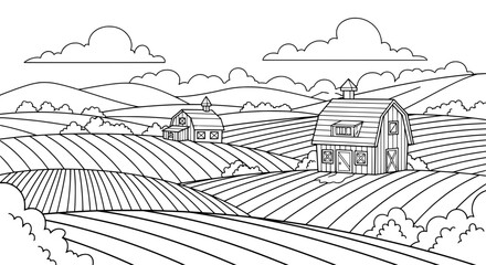 Fototapeta premium Rural landscape with barns and rolling hills