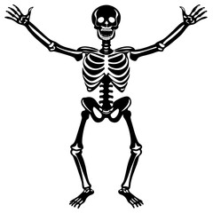 Iconic black and white skeleton illustration with arms raised, detailed bones in playful yet spooky celebratory pose