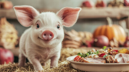 Smiling piglet pink ears farm hay autumn harvest pumpkin decor rustic table cozy kitchen holiday feast thanksgiving joy pet charm