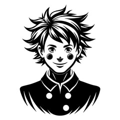 Anime-style portrait of boy with spiky hair, expressive eyes, and confident mischievous smile in bold graphic lines