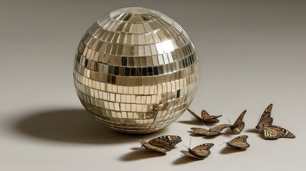 A mirrored disco ball sits amidst a cluster of monarch butterflies on a neutral background.