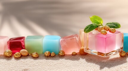 Colorful translucent cubes, gold accents, and delicate mint leaves create a vibrant and serene composition on a bed of light beige sand.