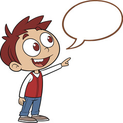 Boy with reddish-brown hair and large, expressive eyes. He is wearing a red vest over a white long-sleeved shirt and blue pants. The boy is smiling brightly and pointing his right index finger upward.