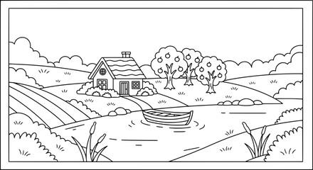 Obraz premium Scenic countryside landscape with trees and boat with transparent background