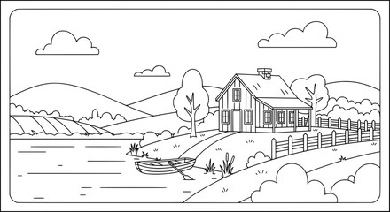 Landscape scene with house and trees with transparent background